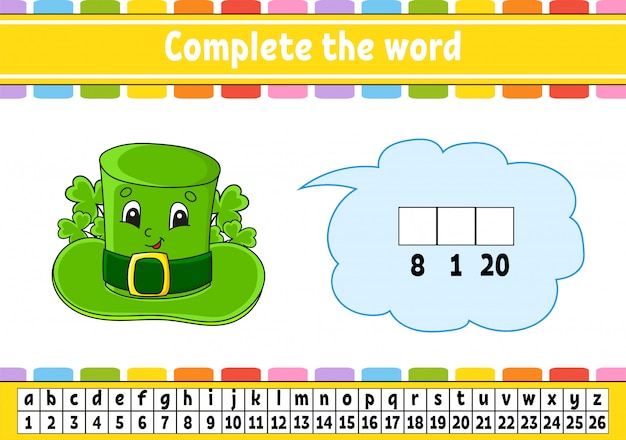 Completa las palabras. código de cifrado sombrero de duende. aprendizaje de vocabulario y números.
