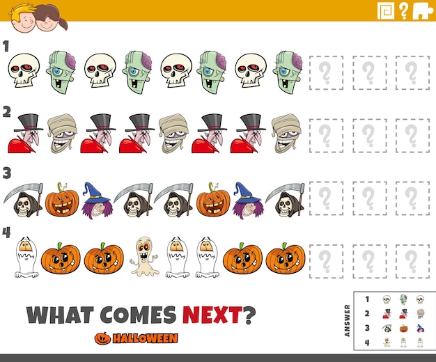 Completando el juego educativo de patrones para niños con espeluznantes personajes de Halloween.