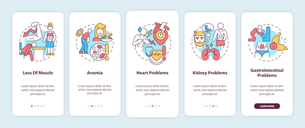 Vector complicaciones de la anorexia al incorporar la pantalla de la aplicación móvil. pérdida de músculo tutorial 5 pasos páginas de instrucciones gráficas con conceptos lineales. ui, ux, plantilla gui. myriad pro-bold, fuentes regulares utilizadas
