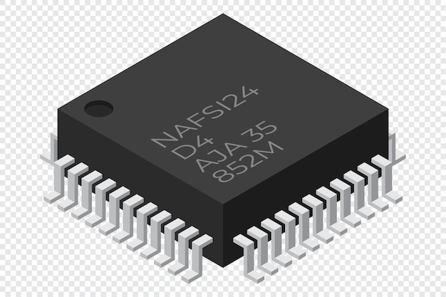 Componente electrónico de microchip de computadora Ícono de microchip microchip isométrico Tecnología del procesador de computadora Microprocesador Ilustración vectorial