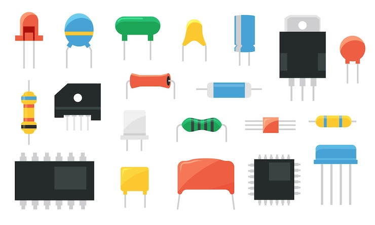Vector componente electrónico semiconductor chip condensador transistor resistencia y hardware led placa de circuito eléctrico vectorial piezas de cerámica conjunto aislado