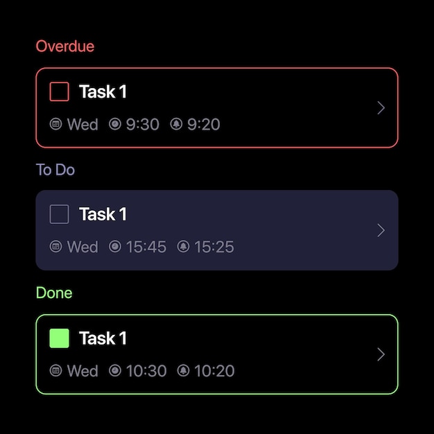 Componente de tarea Concepto de UI en fondo negro Medios sociales Para hacer Lista de comprobación Elemento de UI para aplicación móvil