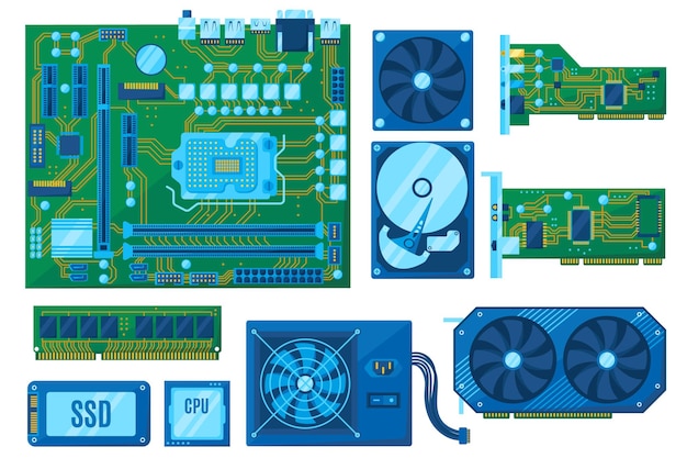 Componentes para la construcción de la computadora pc placa base hdd y ssd ram bar cpu y gpu enfriador ventilador y fuente de alimentación audio y conjunto de vectores de tarjetas de red