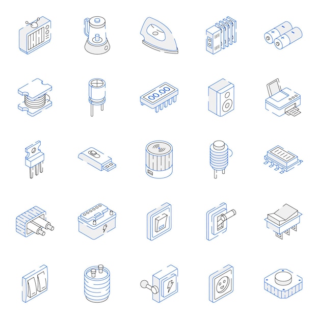 Componentes electrónicos y electrodomésticos Esquema de iconos isométricos