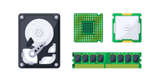Componentes esenciales del hardware de la computadora sobre un fondo blanco, incluidas la CPU, la GPU, la RAM y el hardware duro