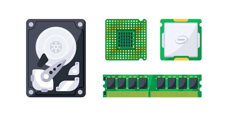 Vector componentes esenciales del hardware de la computadora sobre un fondo blanco, incluidas la cpu, la gpu, la ram y el hardware duro