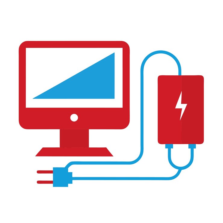 Vector componentes de hardware de computadora partes y dispositivos con diseño de estilo vectorial de cable de alimentación