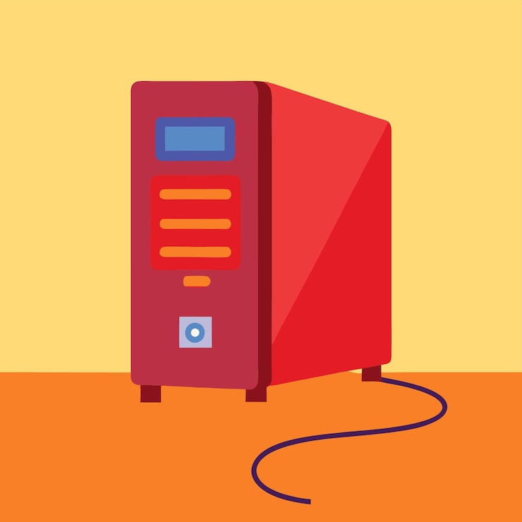 Vector componentes de hardware de computadora partes y dispositivos con diseño de estilo vectorial de la caja del gabinete de la computadora