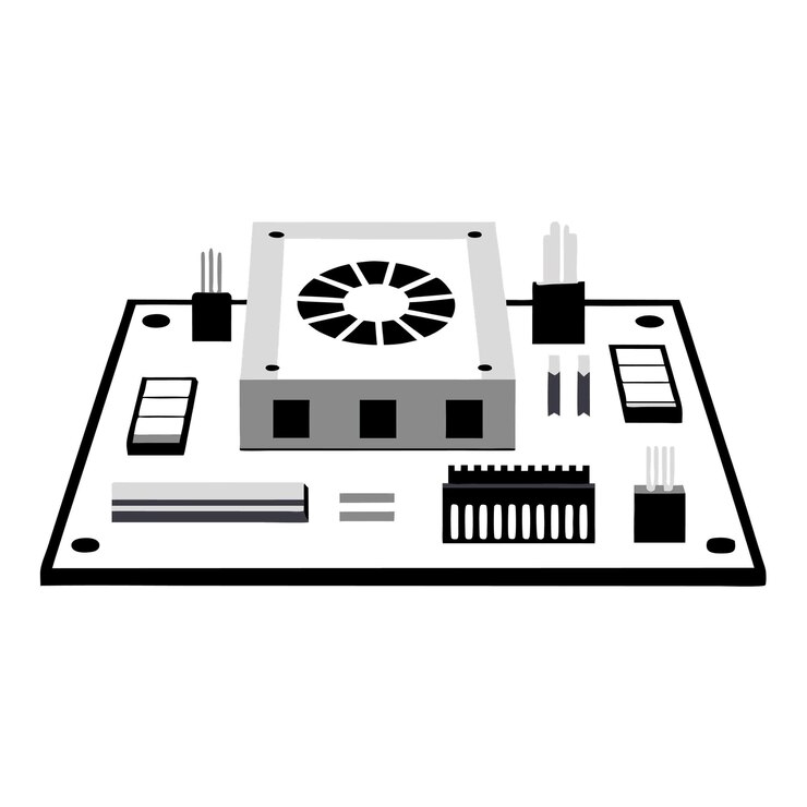 Vector componentes de hardware de computadora partes y dispositivos con ilustración de estilo vectorial de la placa base