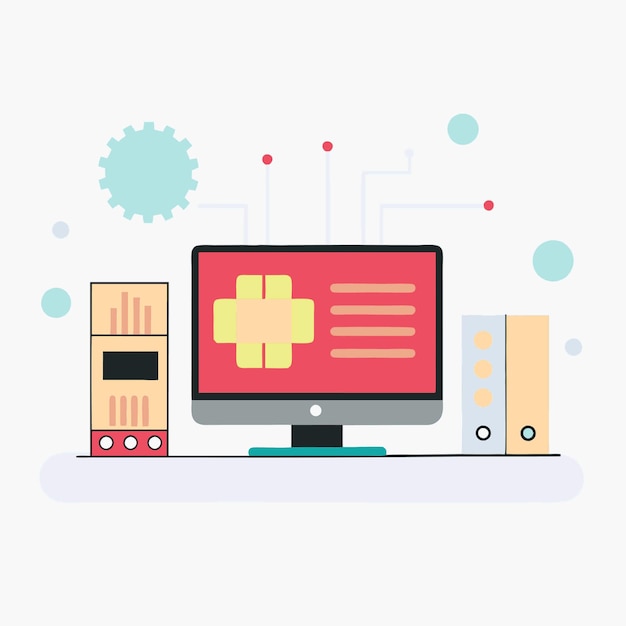 Componentes de hardware de computadora Partes y dispositivos con ilustración de estilo vectorial de la placa base