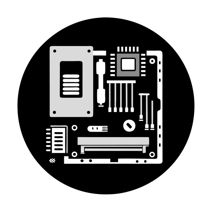 Vector componentes de hardware de computadora partes y dispositivos con ilustración de estilo vectorial de la placa base