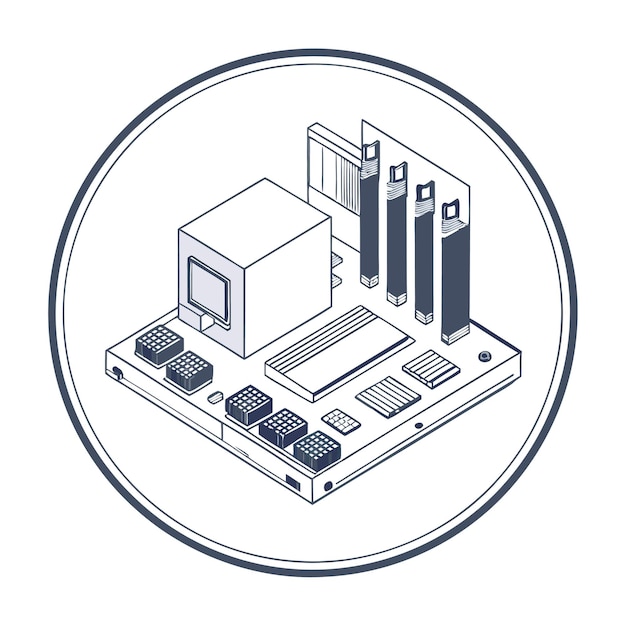 Componentes de hardware de computadora Partes y dispositivos con ilustración de estilo vectorial de la placa base