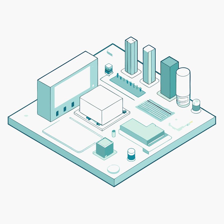 Vector componentes de hardware de computadora partes y dispositivos con ilustración de estilo vectorial de la placa base