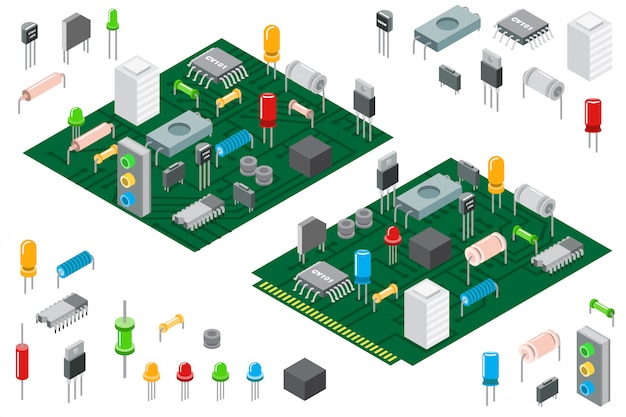 Componentes de hardware electrónico y placa de circuito integrado isométrica ilustración aislada