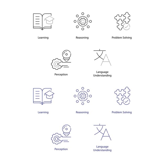 Componentes del paquete de iconos vectoriales de símbolos de IA que visualizan los conceptos básicos de inteligencia artificial