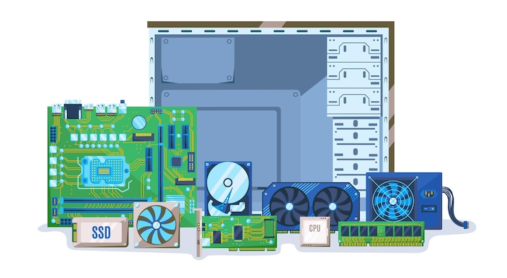 Vector componentes de pc caja de la computadora con piezas de hardware electrónico construir o actualizar la ilustración de vector de computadora personal