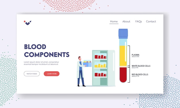 Componentes sanguíneos, plantilla de página de destino de medicamentos. . pequeño personaje médico masculino lleva botellas con muestras en un enorme frasco de vidrio con plasma de sangre, glóbulos blancos y rojos. ilustración vectorial de dibujos animados