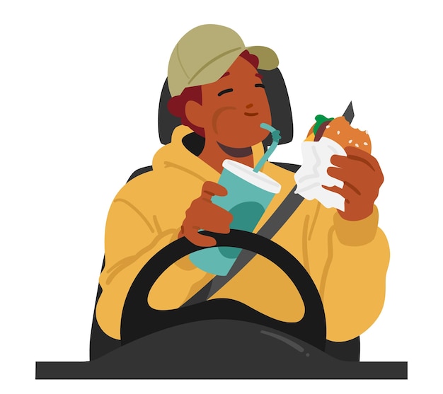 Comportamiento peligroso del carácter del hombre que realiza múltiples tareas al comer mientras conduce, lo que representa un riesgo para sí mismo y para los demás en la carretera