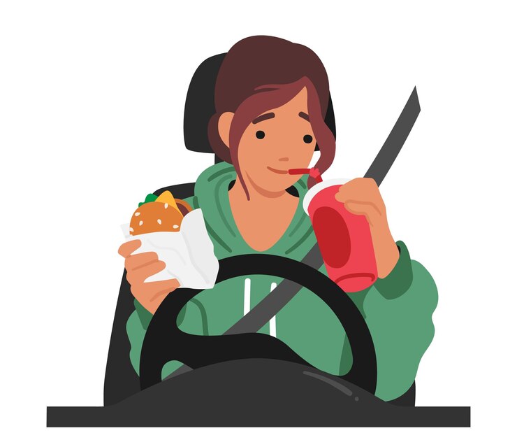 Vector comportamiento peligroso e inseguro del carácter de la mujer comiendo mientras conduce poniendo en peligro su seguridad y la de los demás en la carretera