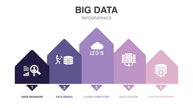 Comportamiento del usuario Minería de datos Computación en la nube Centro de datos Iconos de integración de datos Plantilla de diseño de diseño infográfico Concepto de presentación creativa con 5 pasos