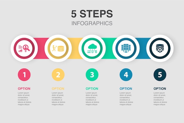 Comportamiento del usuario Minería de datos Computación en la nube Centro de datos Iconos de integración de datos Plantilla de diseño de diseño infográfico Concepto de presentación creativa con 5 pasos