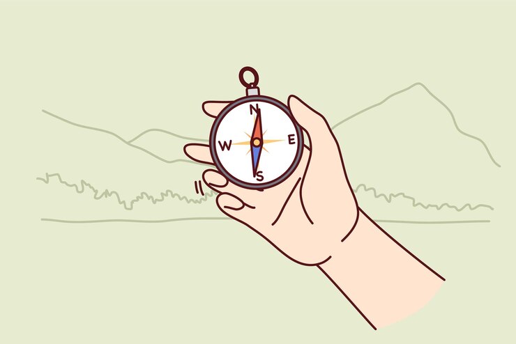 Vector compos en la mano de la persona hizo una caminata y determina la dirección del mundo para encontrar el camino y navegar por el terreno viajar por el parque nacional y usar compos para evitar perderse y encontrar el camino de regreso