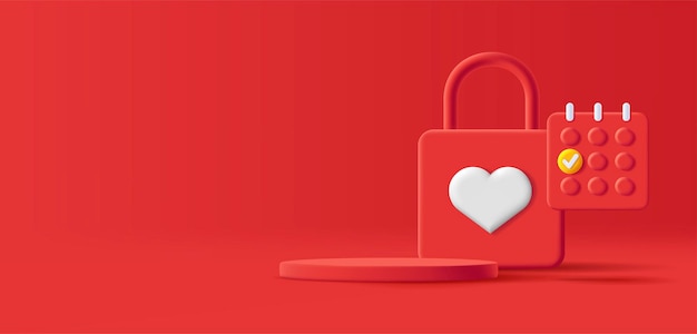 Composición 3d de candado rojo con corazón y calendario con podio para tu producto o regalo