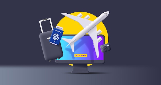 Composición 3d con maleta de viaje, avión y pasaporte, servicio de reserva de boletos en línea, ilustración de procesamiento