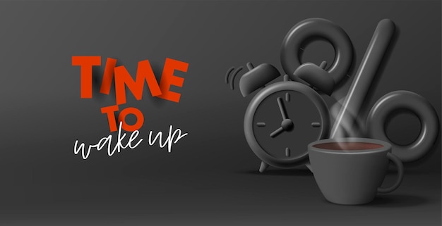 Composición 3d de renderizado negro con reloj de taza de café y signo de porcentaje de pantano con tipografía monocromática gráfica moderna