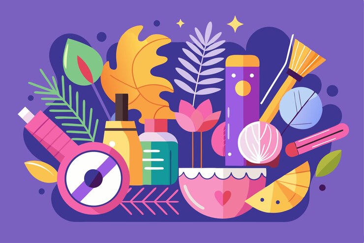 Vector composición abstracta colorida con productos de belleza y elementos florales