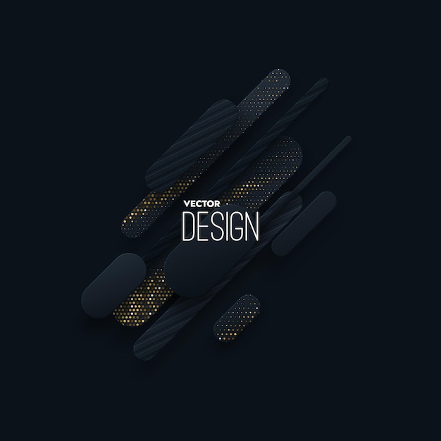 Composición abstracta de formas de papel negro con brillos dorados