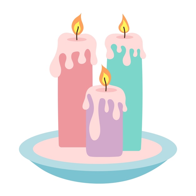 Composición acogedora con velas encendidas Velas dibujadas a mano con cera en un plato