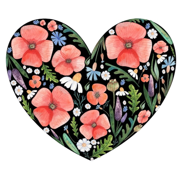 Composición de acuarela Corazón de flores de pradera de verano
