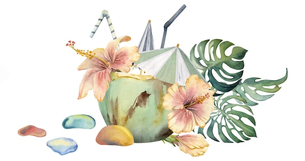Composición de acuarela dibujada a mano Cóctel de coco con sombrillas de papel flores de hibisco Aislado sobre fondo blanco Diseño de arte de pared boda impresión tela cubierta tarjeta turismo viaje folleto