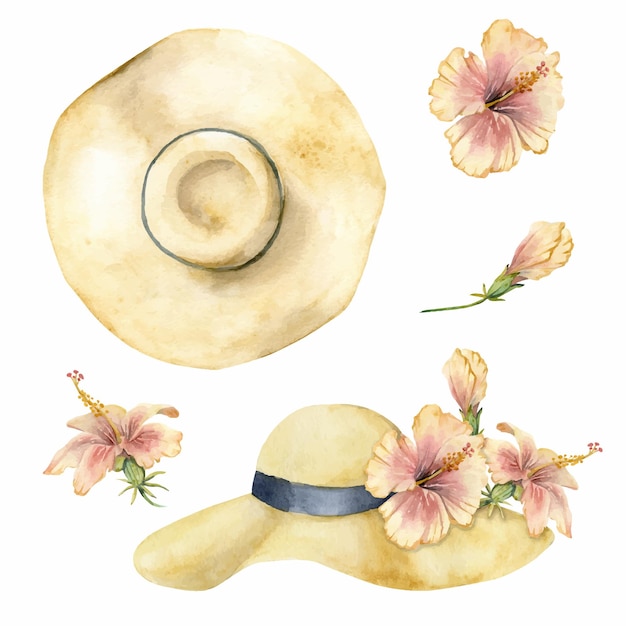 Composición de acuarela dibujada a mano Sombrero de sol amarillo de ala ancha de paja Flor de hibisco exótica Aislado sobre fondo blanco Diseño de arte de pared boda impresión tela cubierta tarjeta turismo viaje folleto