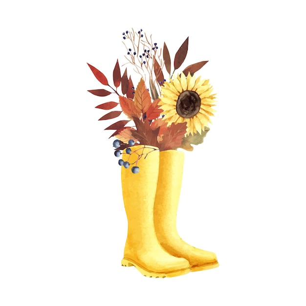 Composición de acuarela con hojas y bayas. Ramo de otoño con flores y botas de goma amarillas.