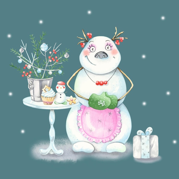 Composición de acuarela lindo personaje muñeco de nieve muñeco de nieve niña con coletasx9