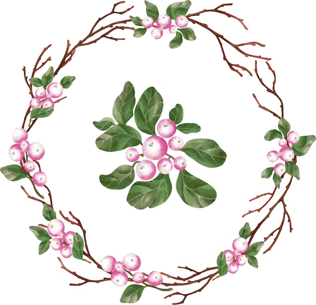 Vector composición de acuarela de ramas y bayas, snowberry, corona