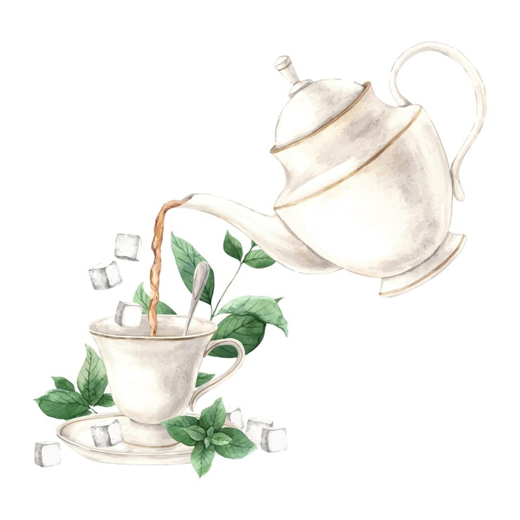 Vector composición de acuarela de una tetera vertiendo té en una taza con menta y azúcar la ilustración