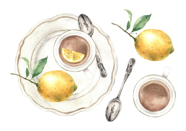 Composición de acuarela vista superior de un plato una taza con té un limón y una cuchara La ilustración