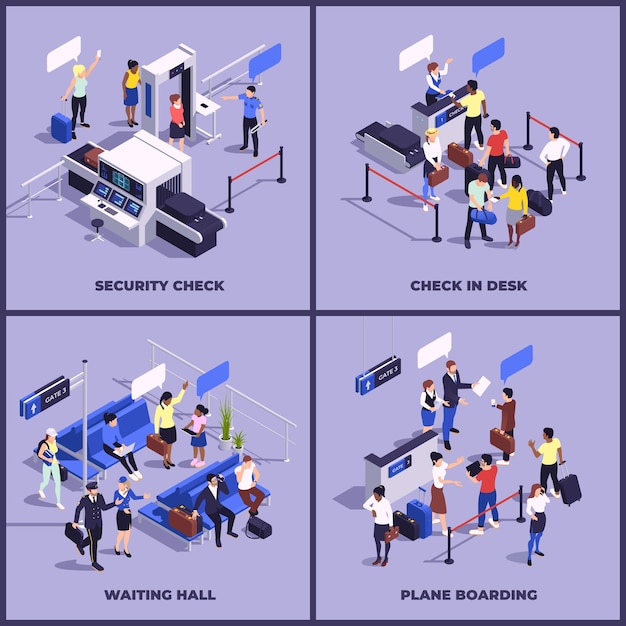 Composición de un aeropuerto de dibujos animados en estilo isométrico