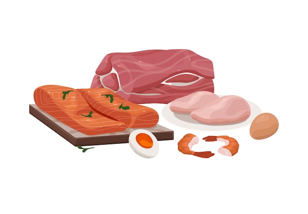 Composición de los alimentos de origen animal Nutrición saludable alimentación saludable Carne cruda orgánica pescado carne de res pollo filete de cerdo salmón mariscos Ilustración de vector aislado plano sobre fondo blanco