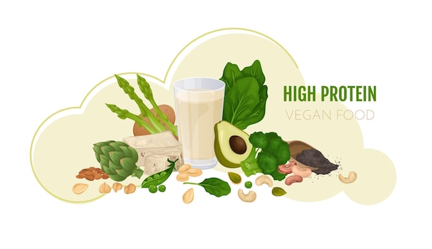 Vector composición de alimentos de proteína vegana con texto editable y pila con nueces de anacardo, frijoles de aguacate e ilustración de vector de lechuga