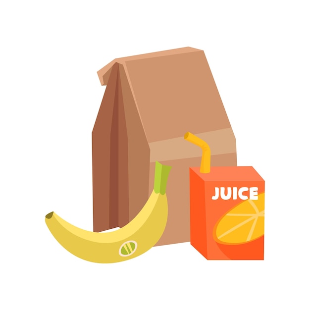 Composición del almuerzo escolar Bolsa de papel marrón plátano maduro y caja de jugo de naranja con pajita Alimentación saludable Tema de comida y bebida Diseño vectorial plano colorido aislado sobre fondo blanco