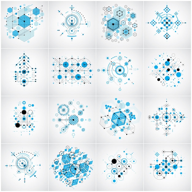 Composición de arte Bauhaus. Conjunto de fondos de pantalla vectoriales modulares azules con círculos y hexágonos. Colección de patrones de estilo retro, fondos gráficos para usar como plantillas de portada de folleto.