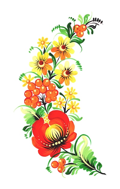 Composición con arte popular ucraniano de flores rojas y amarillas de Petrykivka