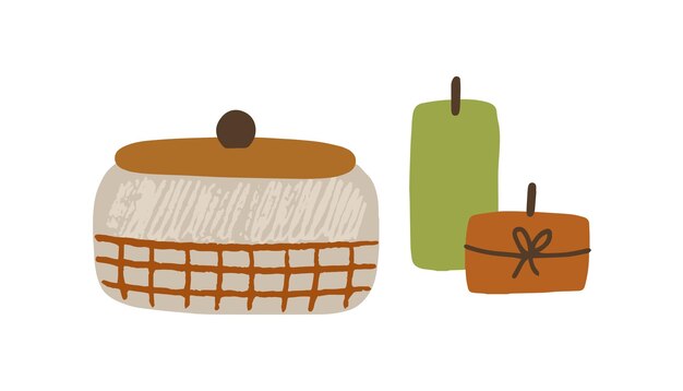 Composición de ataúd y velas. Acogedores artículos de higiene para la decoración interior del hogar al estilo escandinavo. Ilustración de vector plano de objetos modernos de moda para decoración interior aislado sobre fondo blanco.