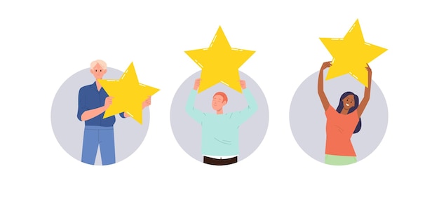 Composición de avatar redondo aislado de cliente satisfecho cliente o usuario personas personaje que tiene calificación estrella ilustración vectorial o hombre mujer que muestra comentarios positivos excelentes testimonios
