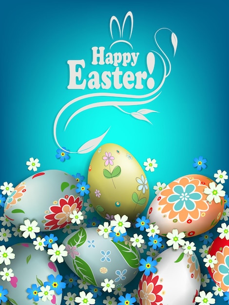 Composición azul de Pascua con huevos con un hermoso patrón diferente y colores en blanco y azul.