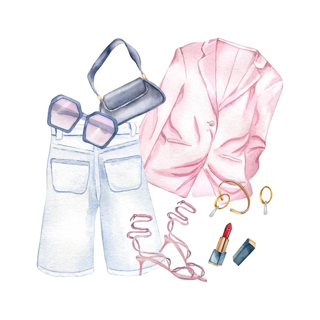 Composición de blazer shorts bolso zapatos lápiz labial acuarela ilustración aislado en blanco